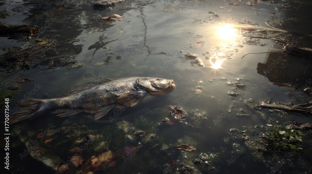 Fototapeta premium Dead fish floating in polluted water showing environmental disaster