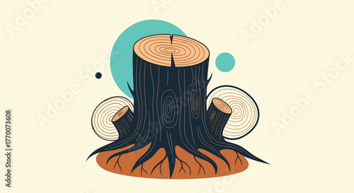 Stylized illustration of a tree stump with exposed roots and cut sections on a cream background.