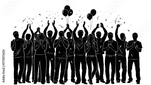 People clapping and raising hands silhouette pictogram with balloons and confetti, joyful celebration, minimal vector illustration