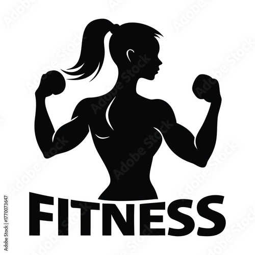 Silhouette of a strong woman flexing muscles with the word fitness