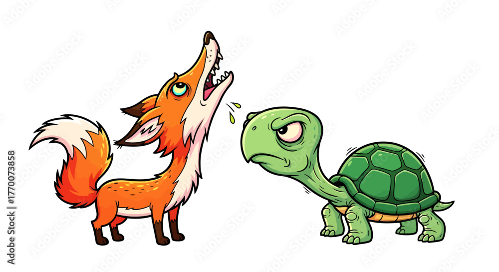 Obraz premium A vibrant cartoon fox passionately howls at a stern, unyielding turtle, depicting a humorous concept of contrasting personalities and communication styles in a whimsical confrontation