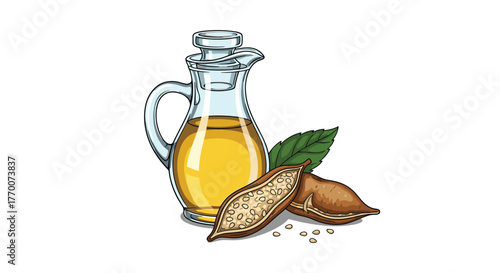 Golden sesame oil in a glass carafe with fresh sesame seed pods, scattered seeds, and a green leaf, illustrating a natural culinary ingredient.