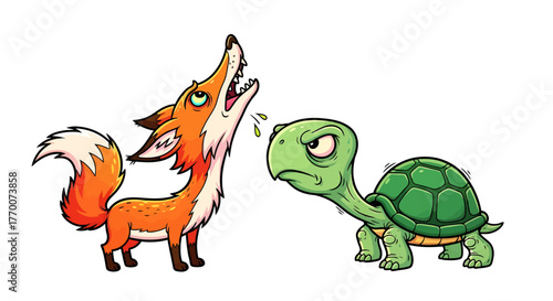 A vibrant cartoon fox passionately howls at a stern, unyielding turtle, depicting a humorous concept of contrasting personalities and communication styles in a whimsical confrontation