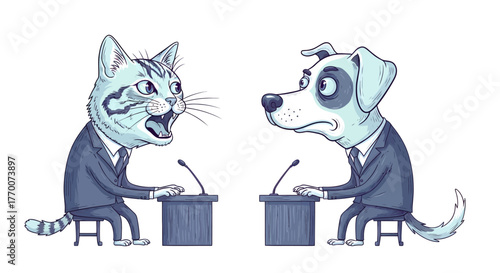 Humorous Political Debate Illustration of a Cat and Dog Arguing at Lecterns