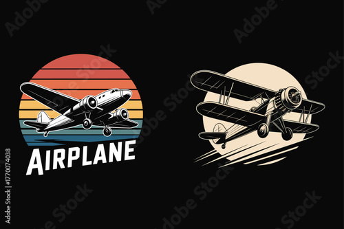 Vintage airplanes and retro sunset designs aircraft biplane
