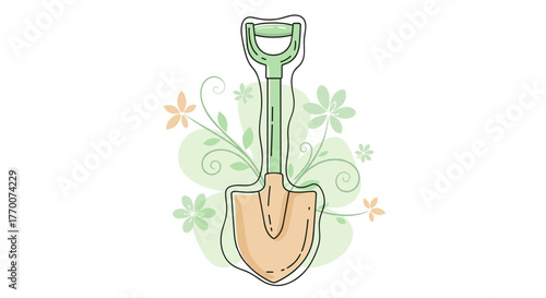Garden shovel illustration with floral design and soft colors  