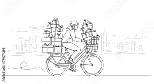 Delivery cyclist carrying gifts on bicycle through urban landscape  