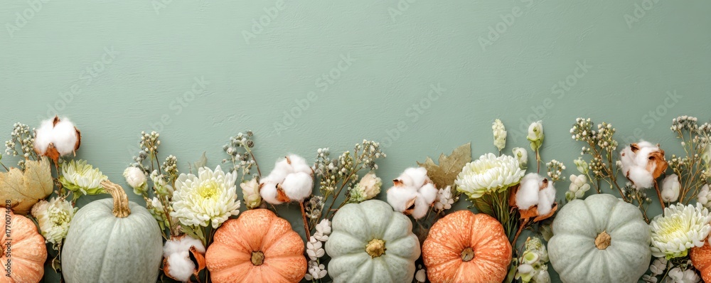 Obraz premium Halloween background with orange green pumpkin, autumn flowers. Olive green backdrop. Modern Holiday design. party border natural colour. Thanksgiving trendy fall decoration. Nordic, hygge, cozy home.