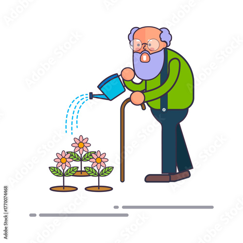 Elderly Man Watering Garden with Flowers A Symbol of Patience and Care