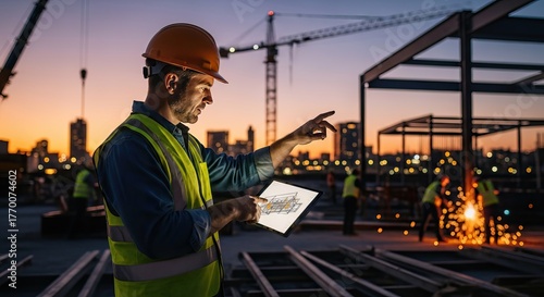 Engineer using a digital tablet on a modern construction site at sunset.