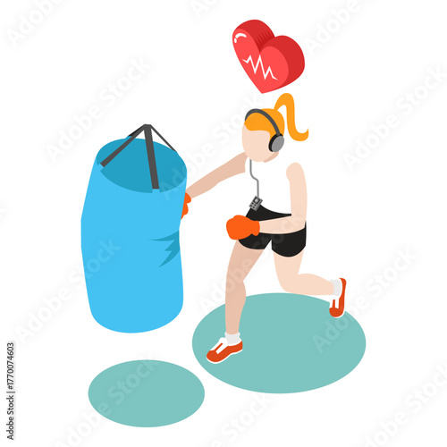 A young woman in headphones enjoys a vigorous cardio boxing workout for a healthy heart
