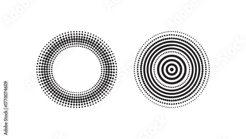 Two halftone circle shapes, one with dots arranged in a ring and the other with concentric circles, creating a visually appealing and modern design