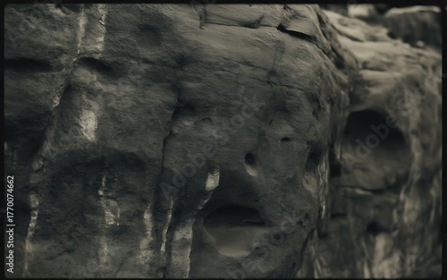 Close Up Of A Weathered Rock Face With Natural Cavities Resembling A Face formation