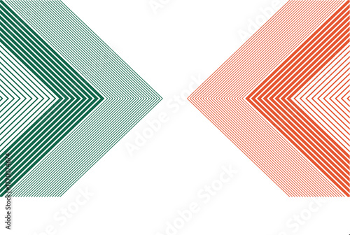 Abstract geometric design featuring converging lines forming arrow shapes in green and red, creating a dynamic and visually engaging symmetrical composition