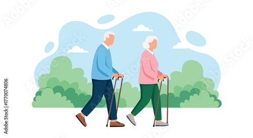 Flat vector of senior couple walking in city park with walking sticks, morning exercise promoting health, happiness, and vitality