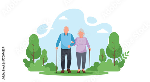 Flat vector of senior couple walking in city park with walking sticks, morning exercise promoting health, happiness, and vitality