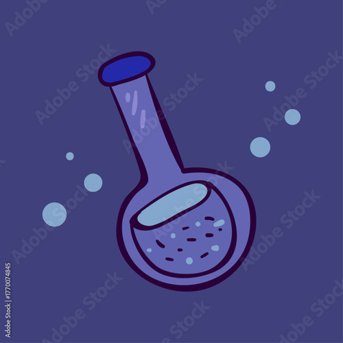 Hand-drawn purple alchemy potion bubbling in a laboratory flask on a dark background