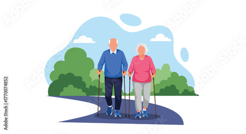 Flat vector of senior couple walking in city park with walking sticks, morning exercise promoting health, happiness, and vitality