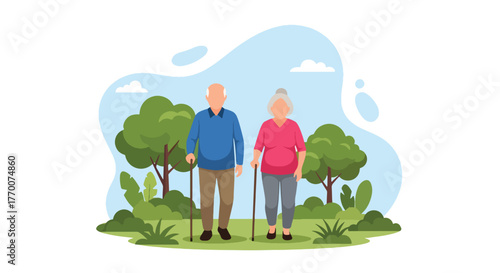 Flat vector of senior couple walking in city park with walking sticks, morning exercise promoting health, happiness, and vitality