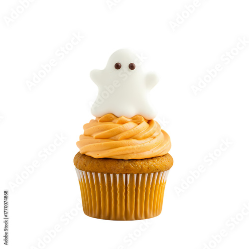 Delicious halloween cupcake with orange frosting and a cute ghost decoration on transparent background