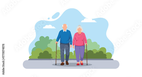Flat vector of senior couple walking in city park with walking sticks, morning exercise promoting health, happiness, and vitality