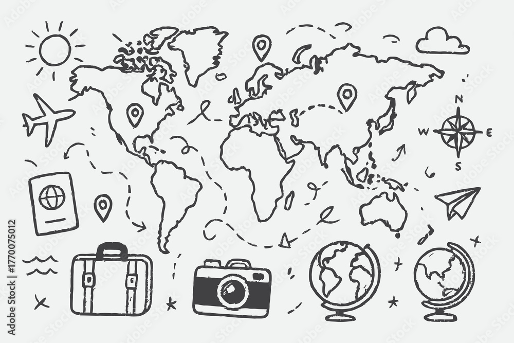 World Map Travel Lines Sketch Set – Hand Drawn Globe and Journey Vector Illustration in Black and White