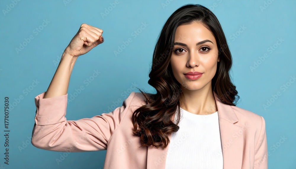 Fototapeta premium Portrait of beautiful young Latin woman wearing stylish outfit, posing confidently with strong gesture