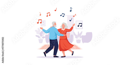 Flat vector of senior couple dancing at home with music and smiles, active lifestyle promoting joy and love