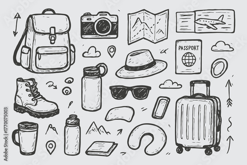 Hand Drawn Travel Essentials Vector Set – Adventure Sketchbook Style Illustration in Black and White