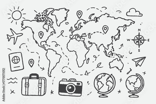 World Map Travel Lines Sketch Set – Hand Drawn Globe and Journey Vector Illustration in Black and White