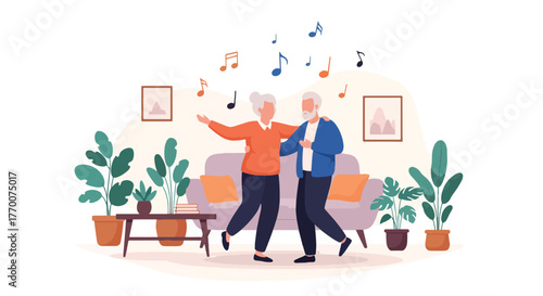 Flat vector of senior couple dancing at home with music and smiles, active lifestyle promoting joy and love