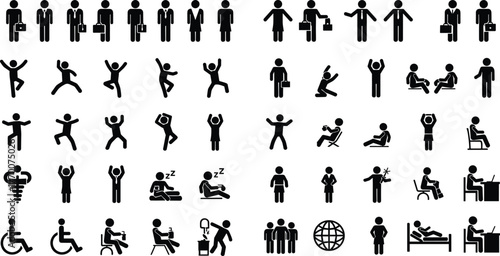 Human activity icons, silhouette vector set, business and health illustration, dynamic pose graphic, interaction design, lifestyle symbol collection
