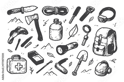 Wilderness Survival Tools Sketch Set – Hand Drawn Outdoor Adventure Equipment Vector Illustration in Black and White