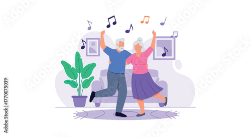 Flat vector of senior couple dancing at home with music and smiles, active lifestyle promoting joy and love