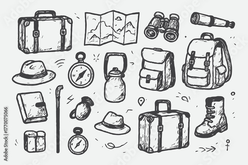 Vintage Travel Gear Sketch Set – Hand Drawn Exploration Tools and Luggage Vector Illustration in Black and White