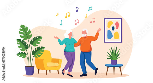 Flat vector of senior couple dancing at home with music and smiles, active lifestyle promoting joy and love