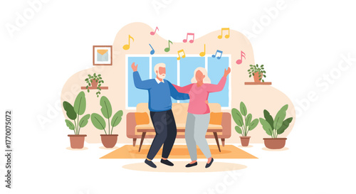Flat vector of senior couple dancing at home with music and smiles, active lifestyle promoting joy and love