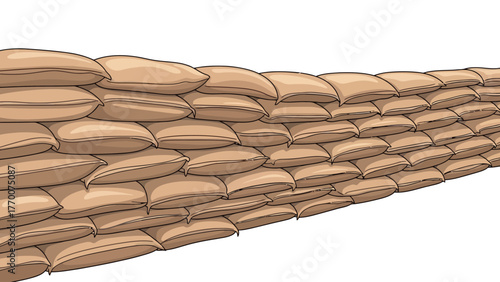 A wall of stacked sandbags viewed from a low angle receding into the distance