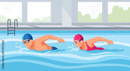 Flat vector of elderly couple swimming in pool, promoting physical fitness and active senior lifestyle concept