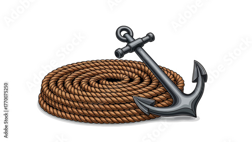 Anchor and coiled rope on a white background