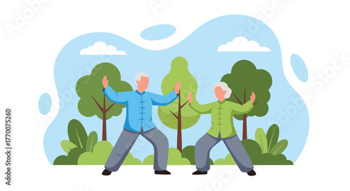 Flat vector of seniors couple practicing tai chi in park, calm outdoor exercise promoting balance, peace, and wellness
