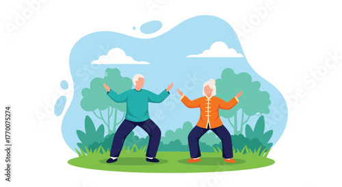 Flat vector of seniors couple practicing tai chi in park, calm outdoor exercise promoting balance, peace, and wellness