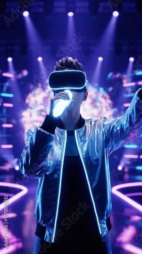Person experiencing virtual reality in illuminated stage environment