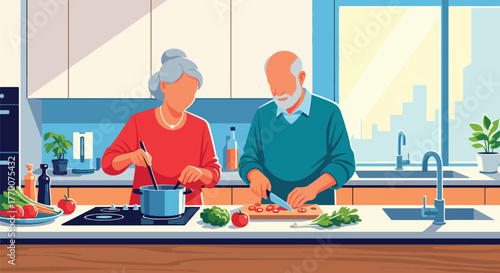 Flat vector of elderly couple cooking healthy food together, promoting wellness, nutrition, and happiness