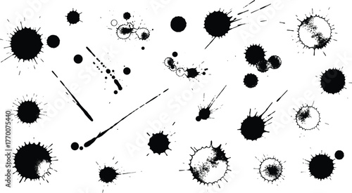 Ink splatter vector, black droplet design, abstract stain graphic, textured splash element, dynamic blot illustration, grunge art symbol