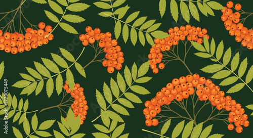 Seamless pattern featuring vibrant orange rowan berries and green leaves on a dark forest green background.