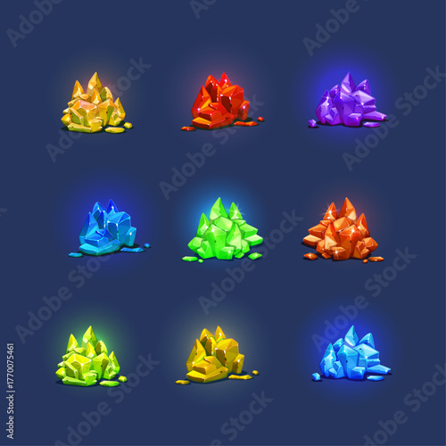 Collection of luminous gemstones in various colors, glowing with magical energy for game assets