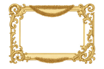 Golden ornate frame with rococo baroque design and festive garland, ideal for event borders or holiday greetings, transparent background