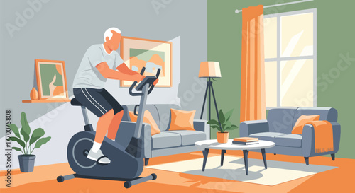 Flat vector of elderly man using stationary bike indoors, maintaining fitness and active health routine