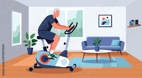 Flat vector of elderly man using stationary bike indoors, maintaining fitness and active health routine